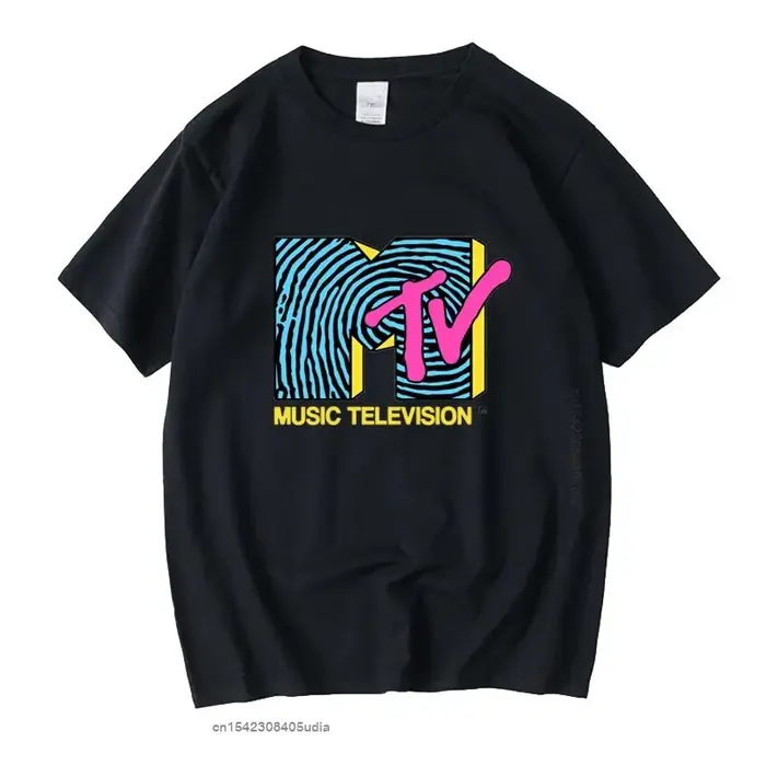 Mtv-empreinte digitale 80s Vintage unisexe noir t-shirt hommes t-shirts rétro graphique