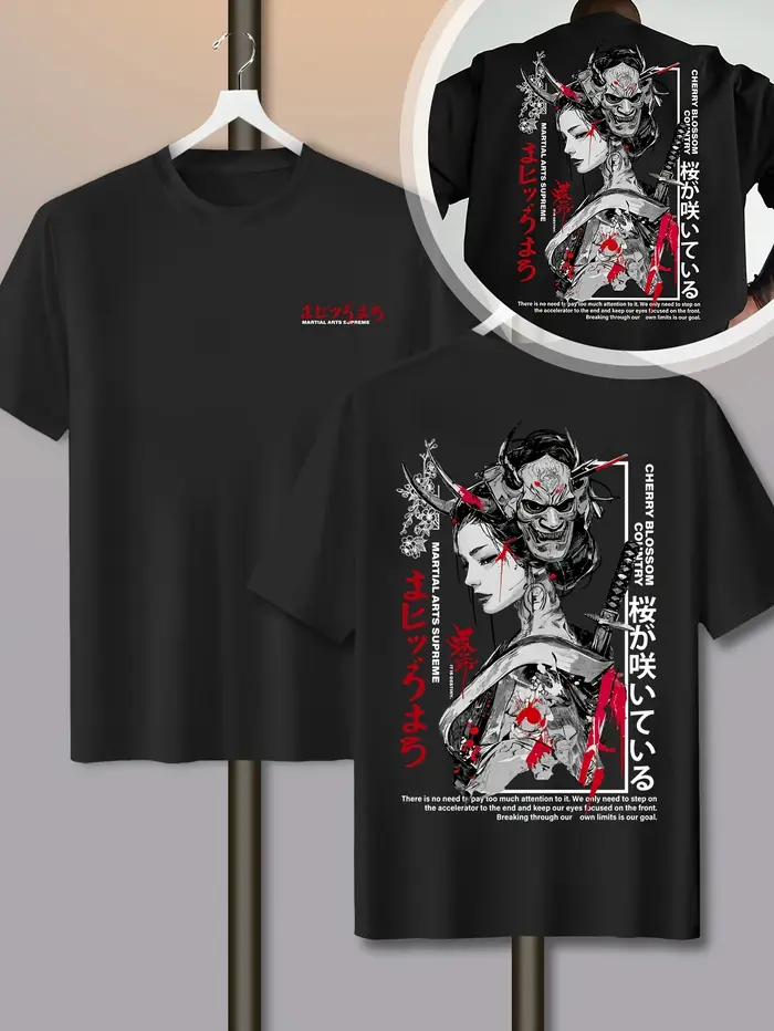 T-shirt pour homme en coton 100% doux de qualité supérieure avec imprimé Geisha Samurai japonais