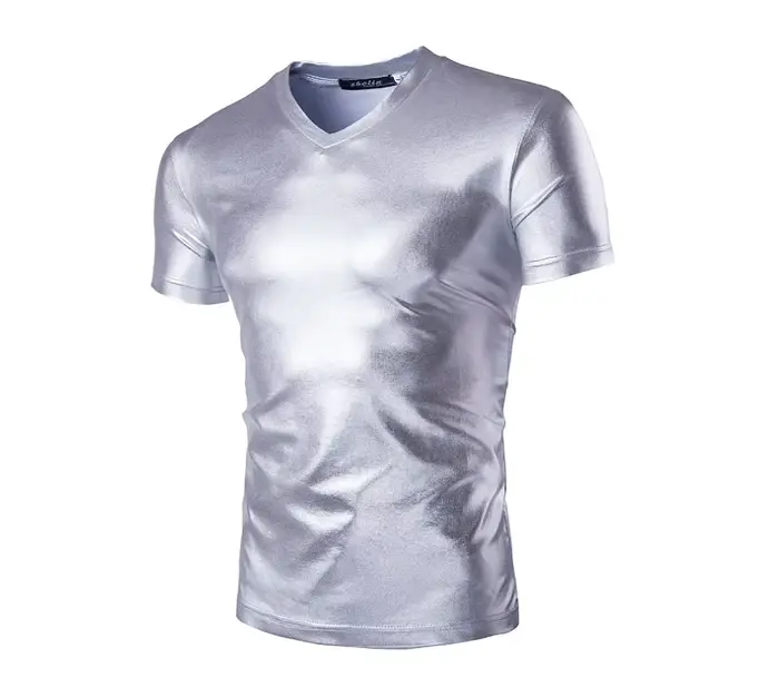 T-shirt à manches courtes pour hommes, couleur or brillant, décontracté, pour soirée en boîte de nui
