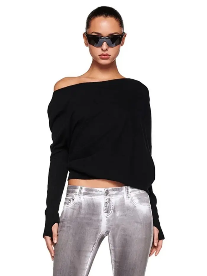 Col incliné t-shirts pour femmes Streetwear à manches longues haut court coupe ample vêtements féministe couleur unie Camisetas Ropa Mujer