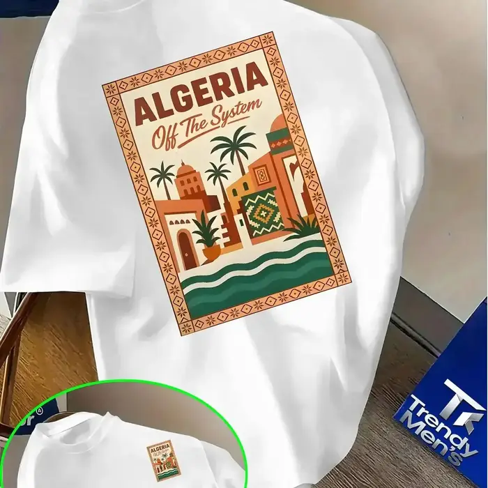 T-shirt rose à motif algérien pour homme - Texte audacieux « Algérie » et design paysage urbain dése