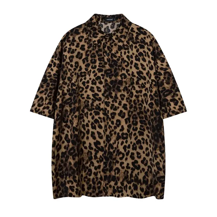 Chemise à manches courtes imprimé léopard pour hommes, chemises d'été à revers ample, simple boutonn