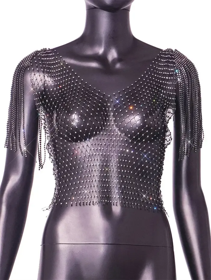 Crop top femme en résille à strass