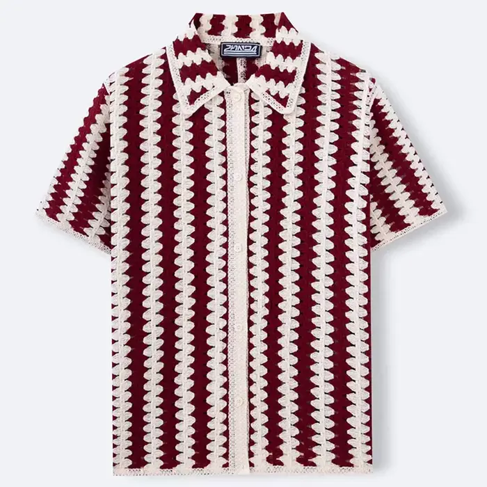 Polo en tricot rayé rétro français pour hommes, pull à manches courtes, fleur au Crochet, hauts d'ét