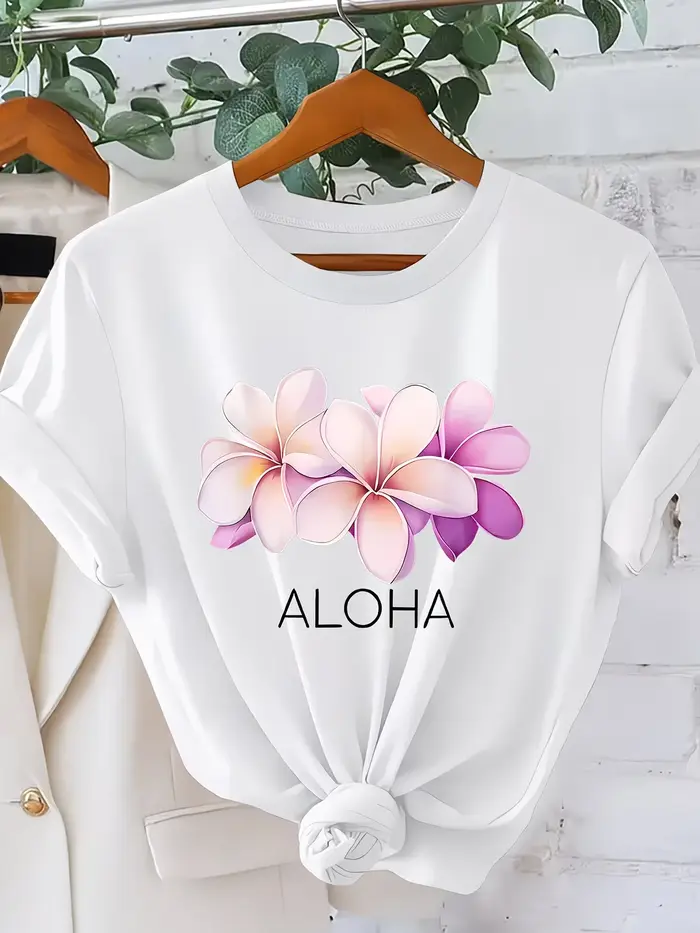 T-shirt Aloha pour femme, motif floral Plumeria, hauts imprimés pour l'été, la plage et les vacances