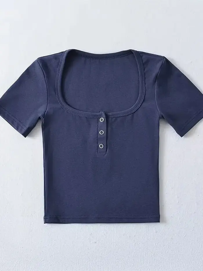 T-shirt court à manches courtes pour femmes, avec boutons sur le devant