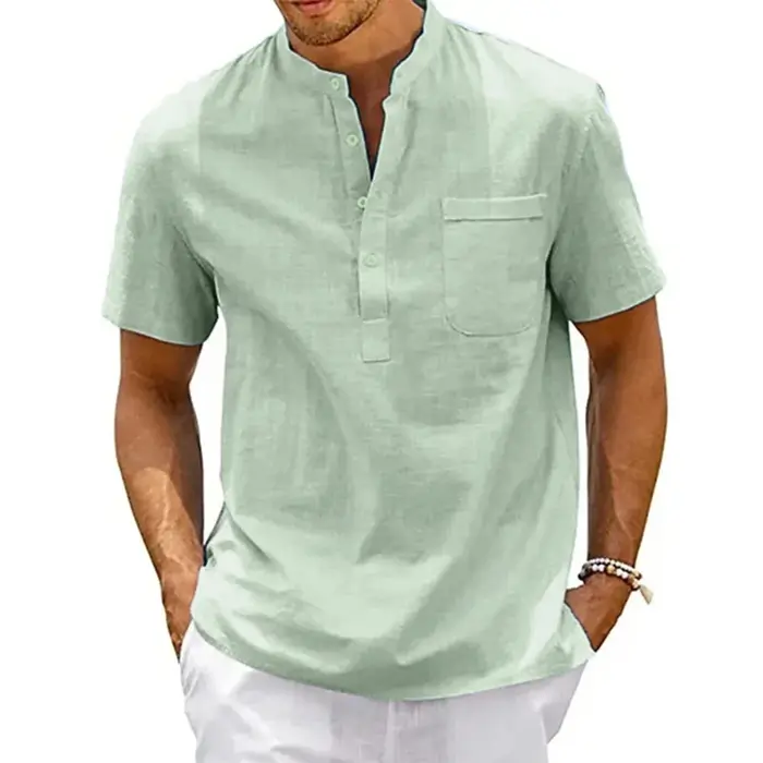 Chemise en coton et lin pour hommes, col Henley, poche, décontractée, plage, manches courtes, couleu