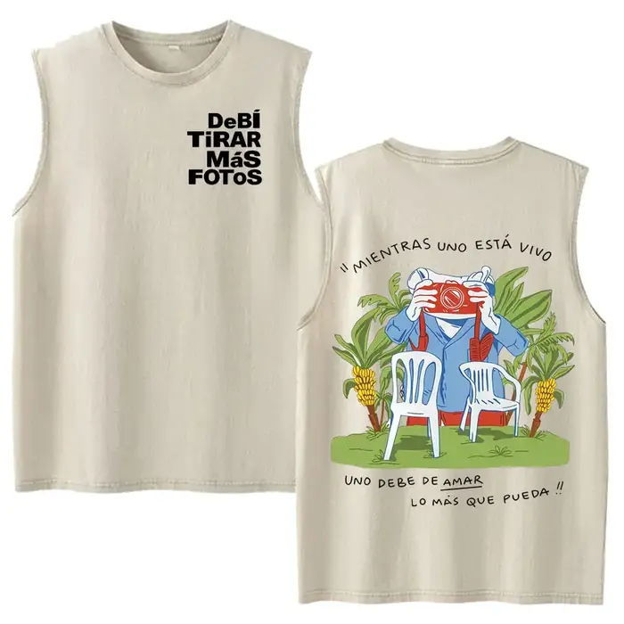 Débardeurs Vintage Effet Délavé Hip Hop Hot Singer Bad Bunny Debi Tirar Mas Fotos DTMF Y2K – T-shirts Sans Manches Tendance pour Hommes et Femmes