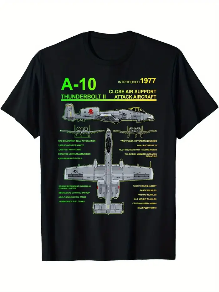 T-shirt A-10 Thunderbolt II Guinea Pig Military Jet Blueprint - Taille adulte unisexe, noir, col ron