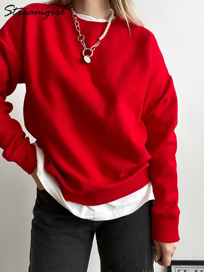 Sweat-shirt surdimensionné en coton pour femme, pull ample, rouge, col rond, chaud, surdimensionné,