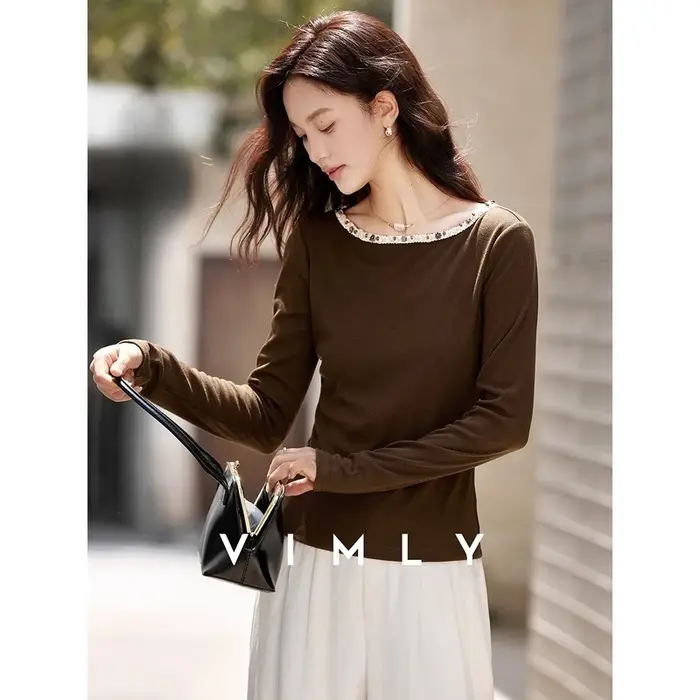 T-shirt blanc à manches longues pour femme VIMLY, collection automne 2026, col bateau, haut décontra