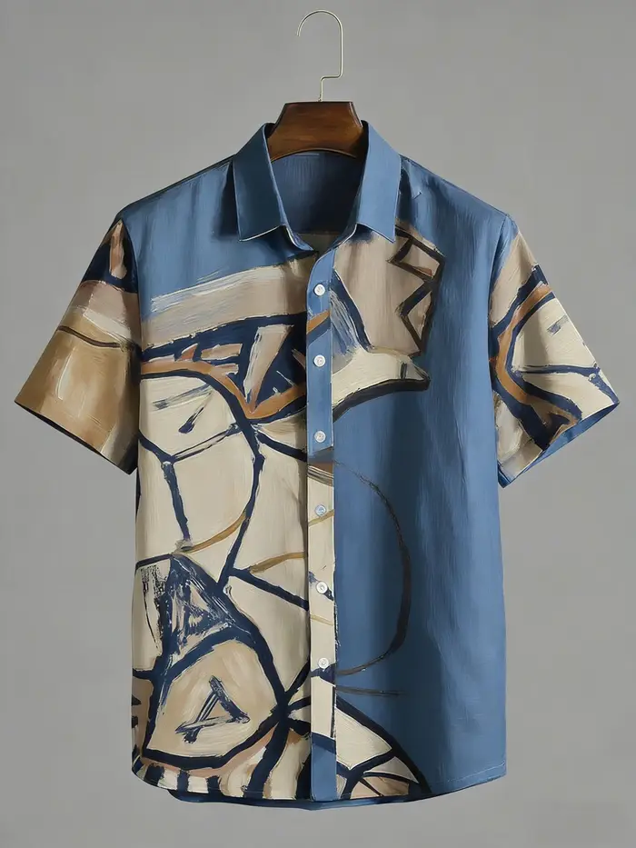 Chemise à manches courtes en lin pour homme, motif abstrait amusant imprimé, chemise hawaïenne pour 