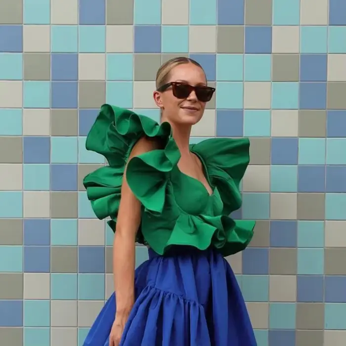 Chemisier Vert à Volants en Satin pour Femme, Haut Court Chic, sur Mesure, Été