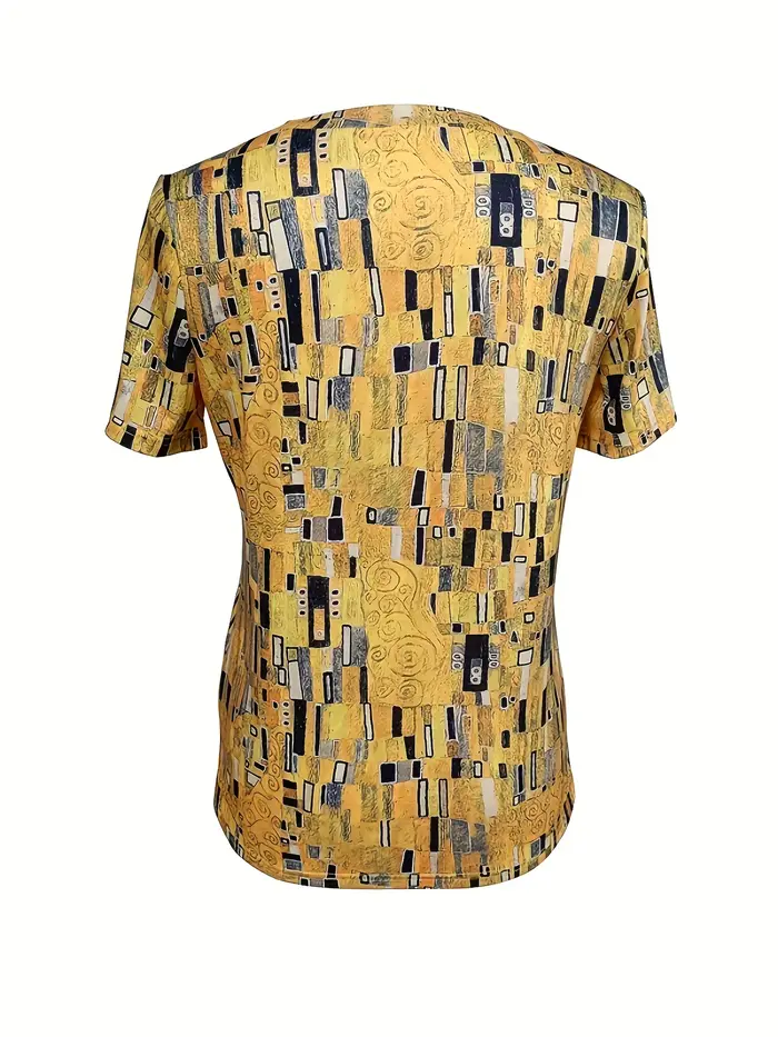 T-shirt jaune moutarde pour femme - Motif géométrique Art déco