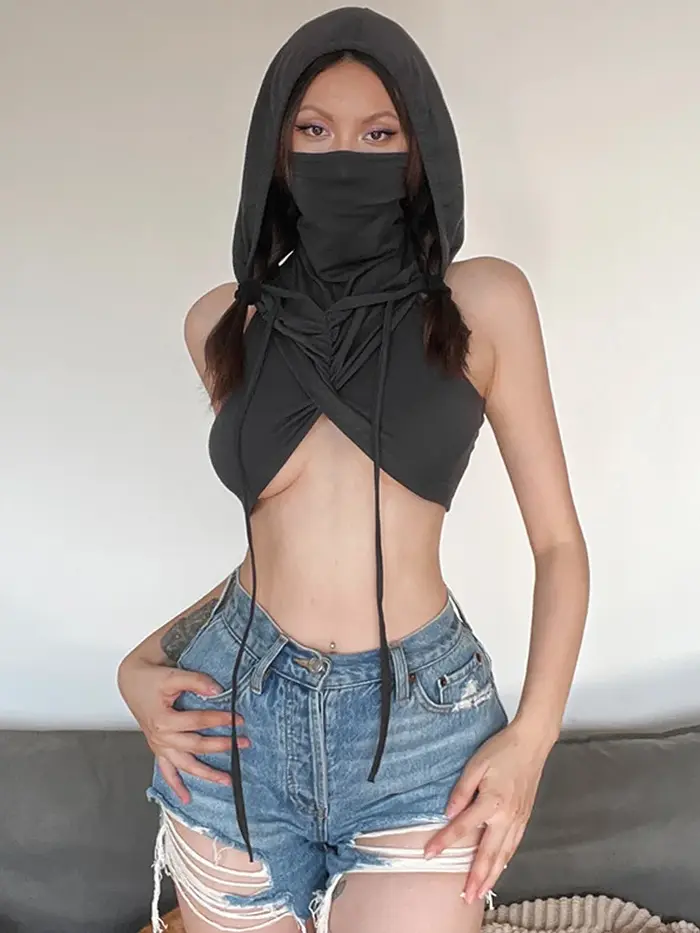 Débardeur Sexy à capuche solide pour femmes, vêtements, embout court, Design croisé, Streetwear, sans manches, Y2k, haut court