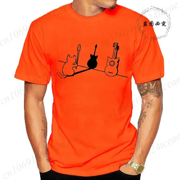 T-shirt pour femmes hommes chat et guitare Design drôle hauts doux unisexe col rond T-shirts vêtements