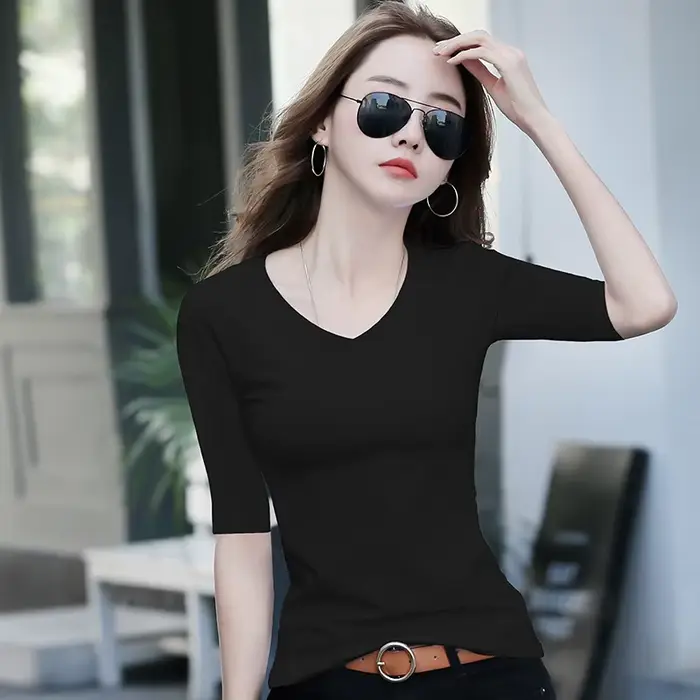 MRMT 2026 Nouveau T-shirt pour femme à manches mi-longues, haut ajusté à col en V