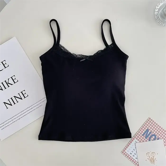 Camisole courte à bretelles en coton avec nœud simple, bordure en dentelle, glaçure, aspect innocent