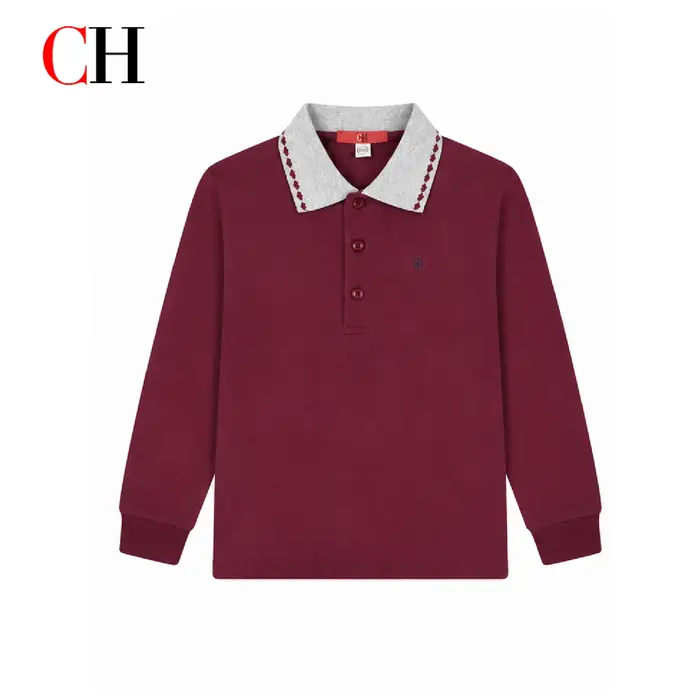 Polo à manches longues CH Bourgogne avec col gris contrastant brodé en coton doux pour enfants, unif