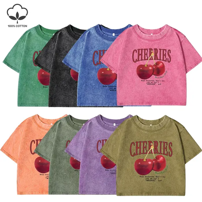 Cerises rouges lettre imprimé femme T-shirt mode été lavé vêtements décontracté coton haut court rétro t-shirts pour les femmes