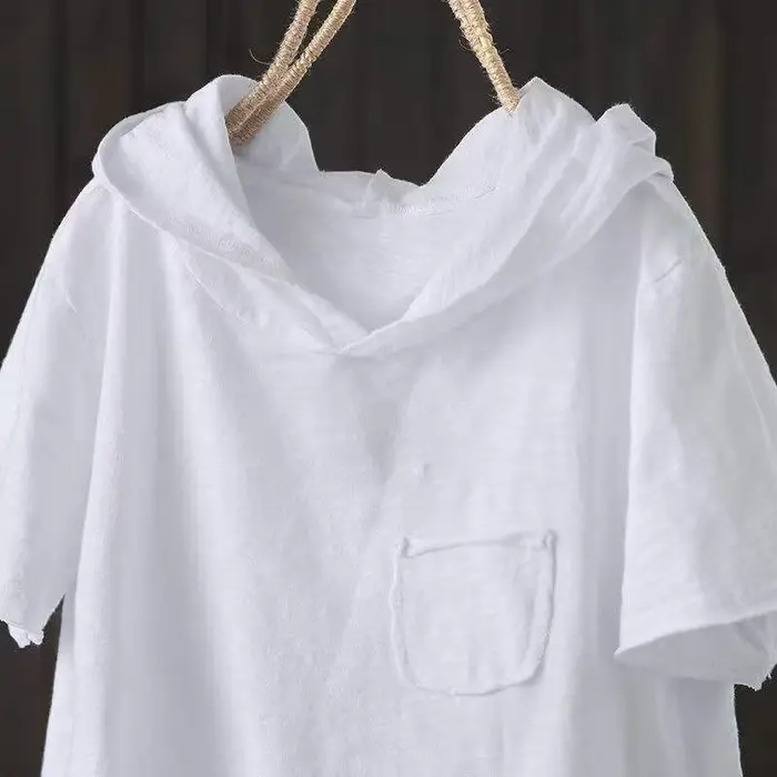 T-shirt à capuche pour femmes 2025 Original 95% coton été nouveau Style ample coton à manches courtes trou littéraire décontracté femmes vêtements