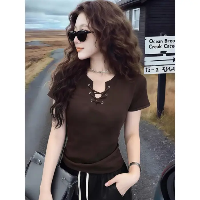 T-shirt rétro américain marron à manches courtes pour femme, coupe ajustée, tendance, décontracté, e