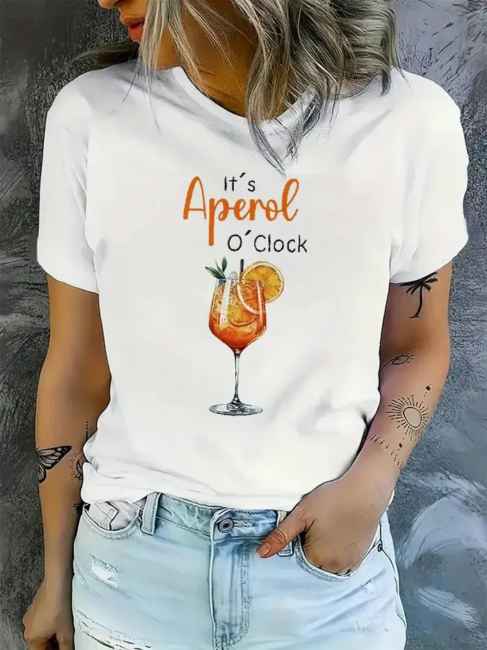 Aperol O'Clock imprimé femmes col rond T-Shirt décontracté à manches courtes lettre imprimer printemps haut d'été