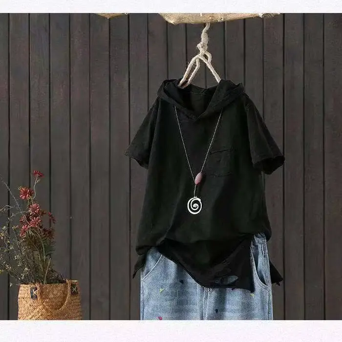 T-shirt à capuche pour femmes 2025 Original 95% coton été nouveau Style ample coton à manches courte