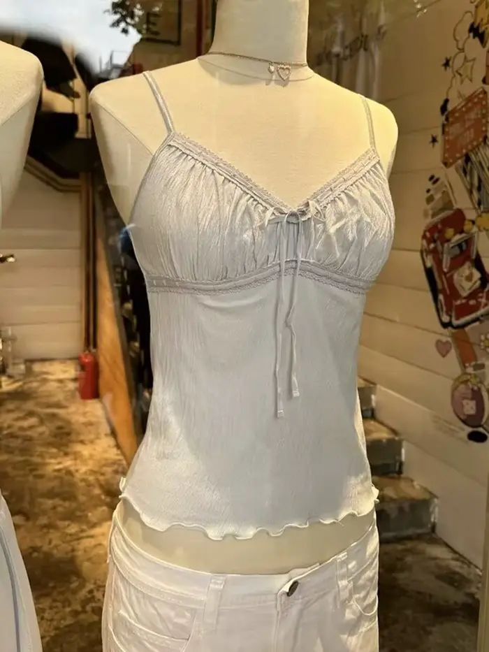 Débardeurs gris plissés à lacets et col en V pour femme – Style décontracté d'été en coton