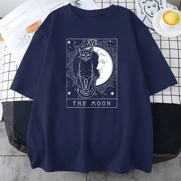 Lune et chat graphique imprimé T-shirts pour femmes Vintage vêtements minces Harajuku T-shirt respir