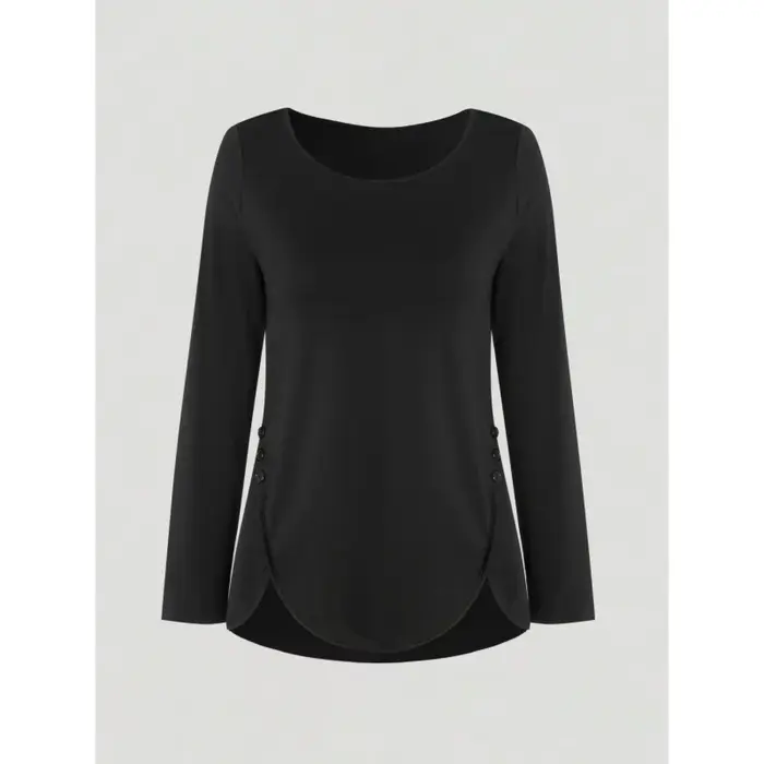 T-shirt à manches longues pour femmes, col rond, décor de boutons latéraux, ourlet incurvé, décontra