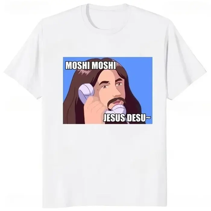 Moshi Moshi Jesus Desu T-shirt drôle pour hommes, T-shirt à manches courtes, respirant, décontracté,