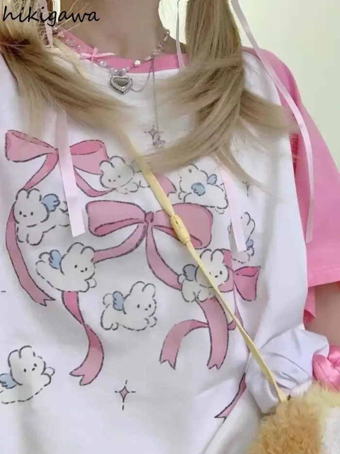 Kawaii rose t-shirts femmes japonais Y2k Style doux fille dessin animé