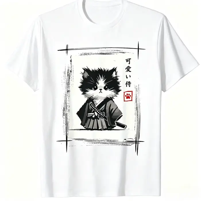 T-shirt imprimé Kawaii Chat Samouraï Art à l'encre japonaise