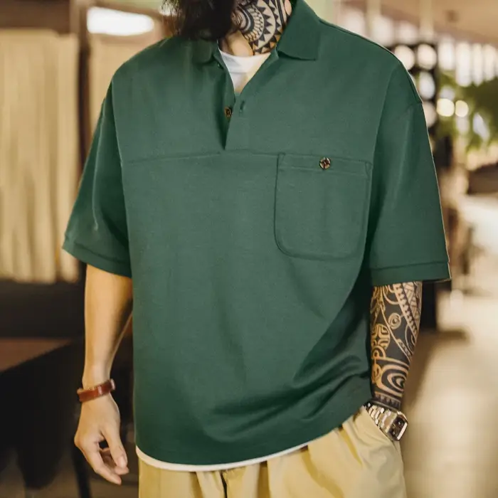 Maden nouveau Vintage vert revers à manches courtes Polo hommes été coupe ample décontracté poche T-