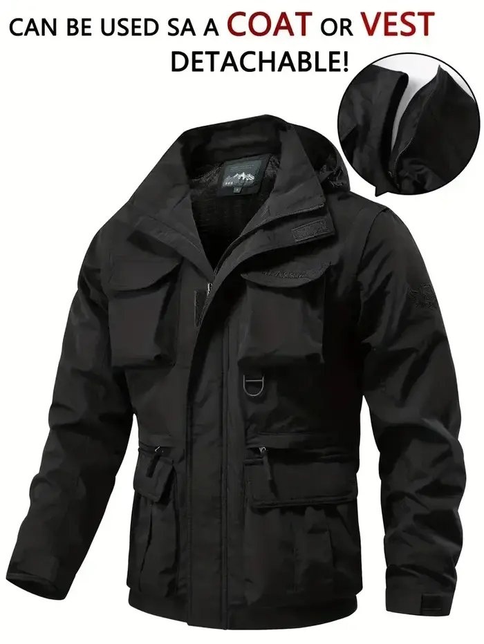 Veste à capuche imperméable et détachable pour hommes, décontractée, multi-sacs, Cargo, gilet adapté
