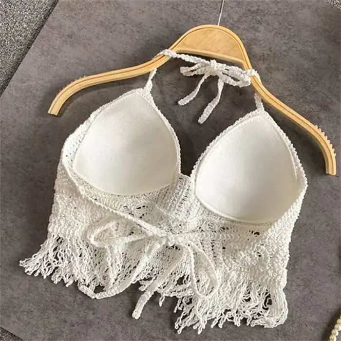 Femmes été plage Boho culture hauts Sexy Y2K tricoté dos nu évider débardeurs Crochet glands ourlet licou soutiens-gorge haut bustier