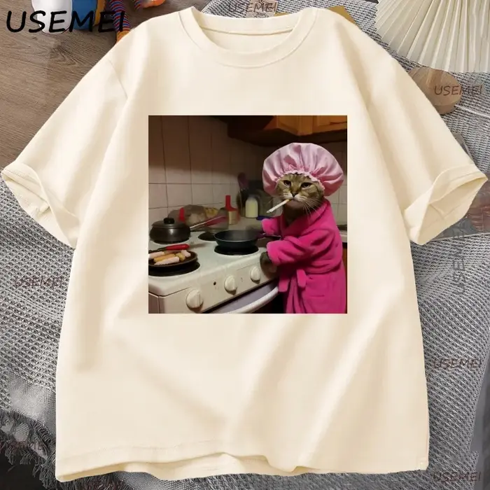 Drôle femme au foyer chat T-Shirt Vintage coton à manches courtes Gen Z blague
