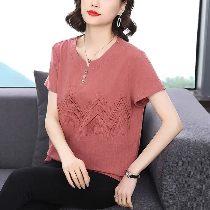 T-shirt amincissant à manches courtes, ample et brodé, haut décontracté, été