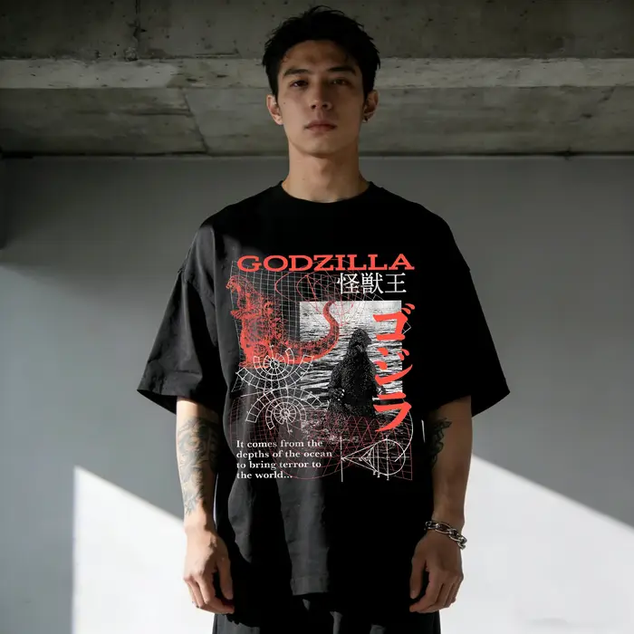 T-shirt à manches courtes double face Godzilla Kanji pour hommes et femmes