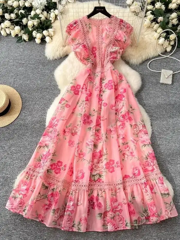 Femmes manches papillon plage Boho volants longues robes vacances d'été dentelle évider épissure magnifique fleur en