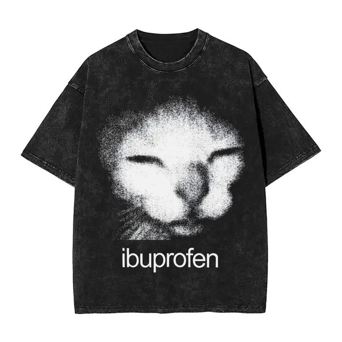 T-shirts délavés chat Meme Ibuprofen Hip Hop Vintage T-Shirt haute rue Streetwear coton imprimé haut