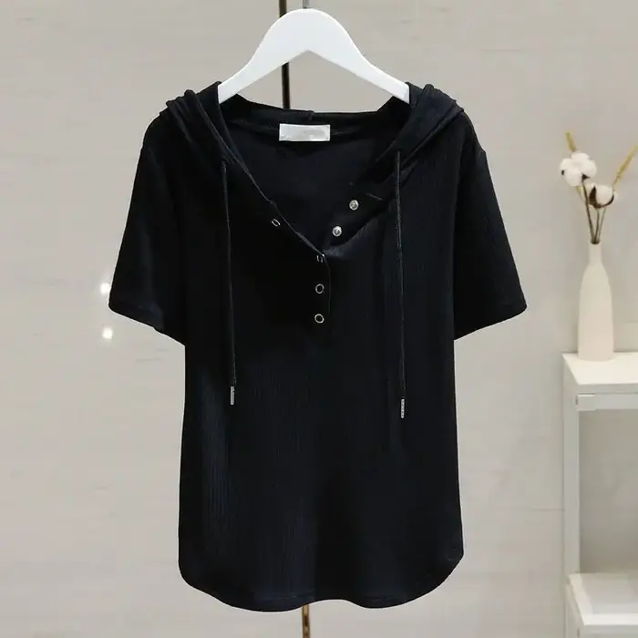 T-shirt blanc à capuche avec cordon de serrage pour femmes, manches courtes, nouvelle mode, ample, S