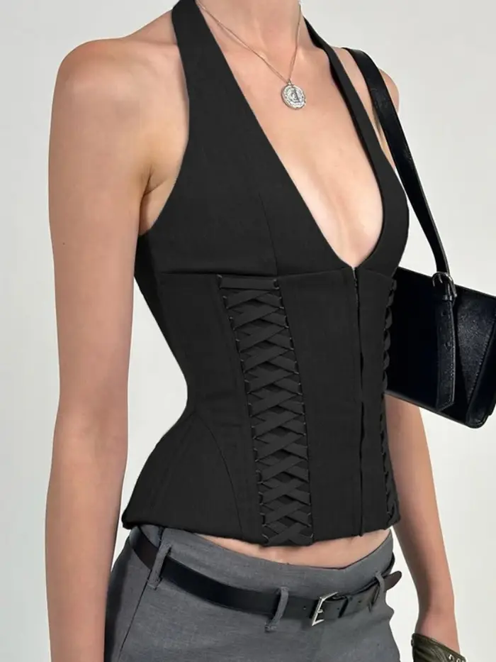 Centre commercial Goth Corset gilet femmes foncé Cyber Punk pansement licou dos nu culture débardeurs Emo Alternative