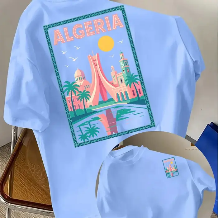 T-shirt Homme 100% Coton Algérie 2026 – Imprimé Rétro Paysage Urbain Nord-Africain – Streetwear Décontracté Noir pour Amateurs de Voyage