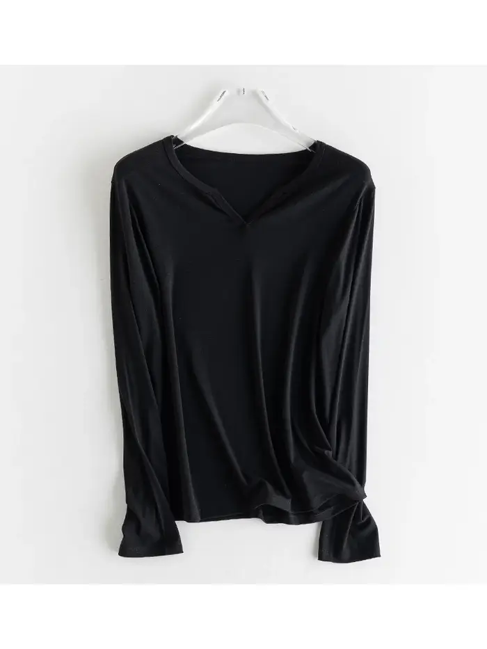SuyaDream T-shirt uni pour femme, mélange de viscose de soie, col en V, chemise chic à manches longu