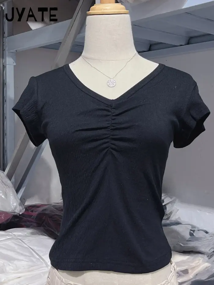 Blanc plis col en v cordon mince T-shirts femmes été nouveau coton décontracté à manches courtes T-s