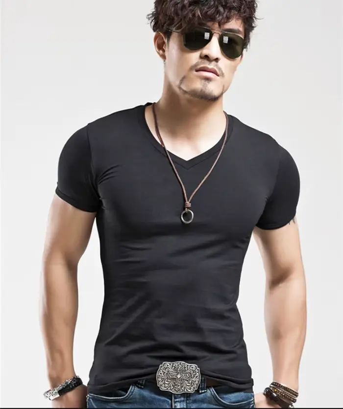 MRstuff-T-shirt à manches courtes et col en V pour homme