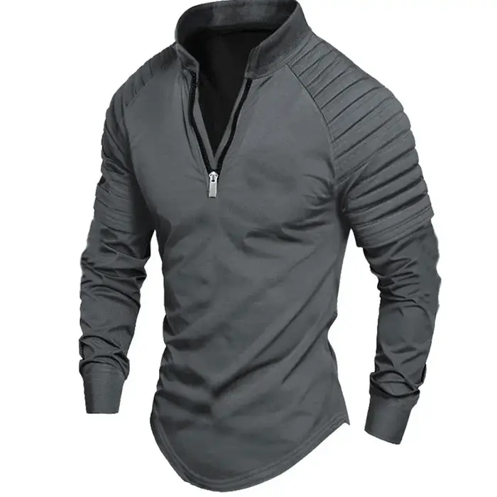 2025 printemps automne hommes Polo mode bras plissé conception à manches longues col montant fermeture éclair haut