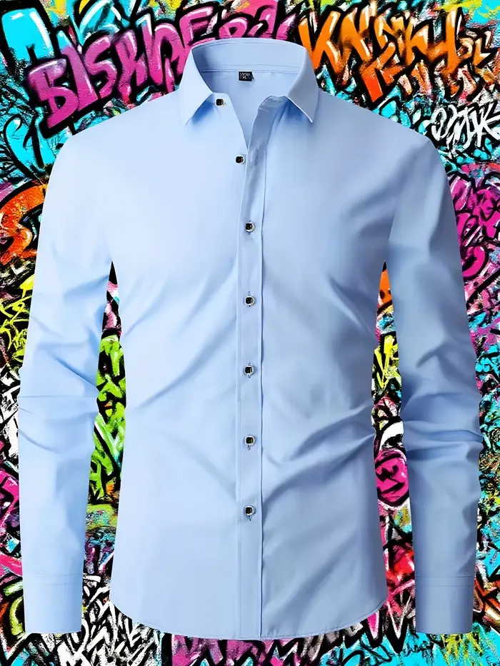 Chemise élégante à manches longues pour homme - Tissu en polyester décontracté